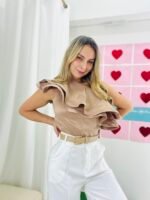 Blusa nude asimétrica con arandela y cremallera lateral