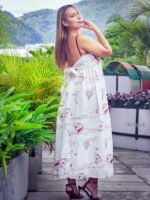 Vestido en lino con copas nude y estampado de sirenas — tiras graduables