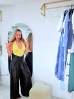 Pantalón palazzo negro en licra — pretina alta y versatilidad total