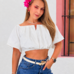 Blusa blanca manga, 3/4 escote straple