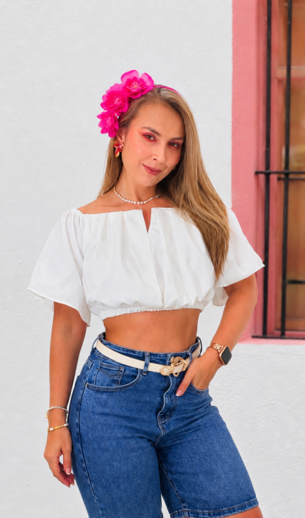 Blusa blanca manga, 3/4 escote straple