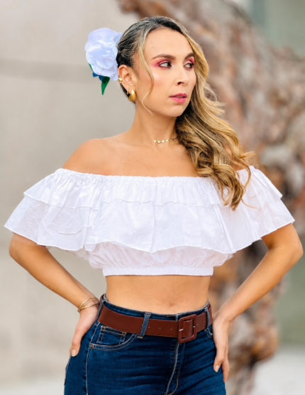 Blusa blanca en arandela tela popelina en tallas S, M, L,Xl