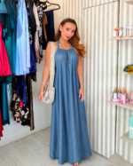 Vestido, cuello halter tela chambray graduable en escote de la fresca y con caída