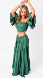 Set verde esmeralda falda y blusa talla s m l - Imagen 2